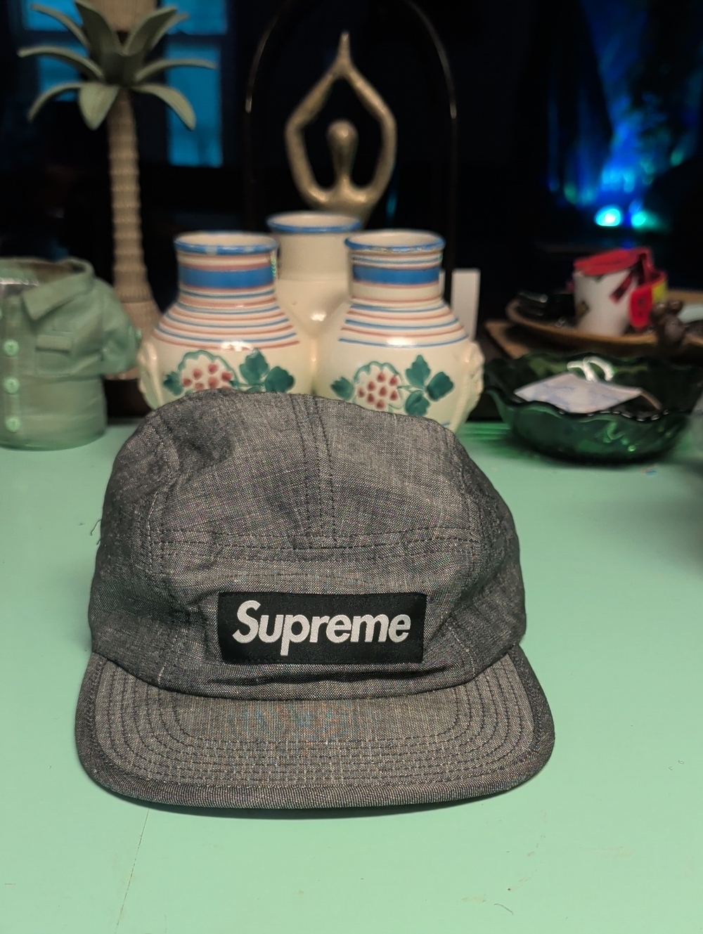 Supreme Gray Denim Box Logo Camp Cap